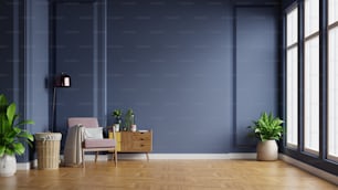 Interior of light room with armchair on empty dark blue wall background,3D rendering