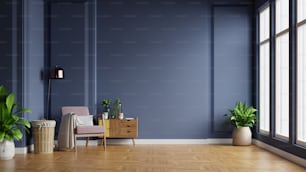 Interno della stanza luminosa con la poltrona sullo sfondo vuoto della parete blu scuro, rendering 3D
