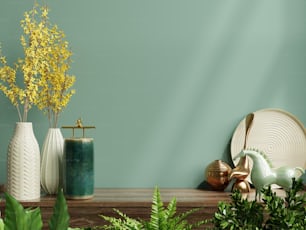 Innenwandmodell mit grüner Pflanze, grüner Wand und Regal.3D Rendering