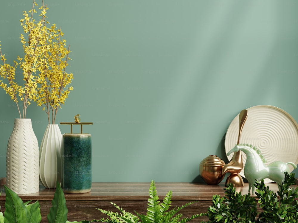 Maqueta de pared interior con planta verde, pared verde y estante.3D renderizado