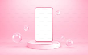 ピンクの背景に表彰台とガラス球を持つ空白のスマートフォン画面。3Dレンダリング