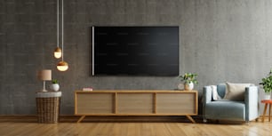 Smart tv mockup on cabinet in living room the concrete wall,3d rendering