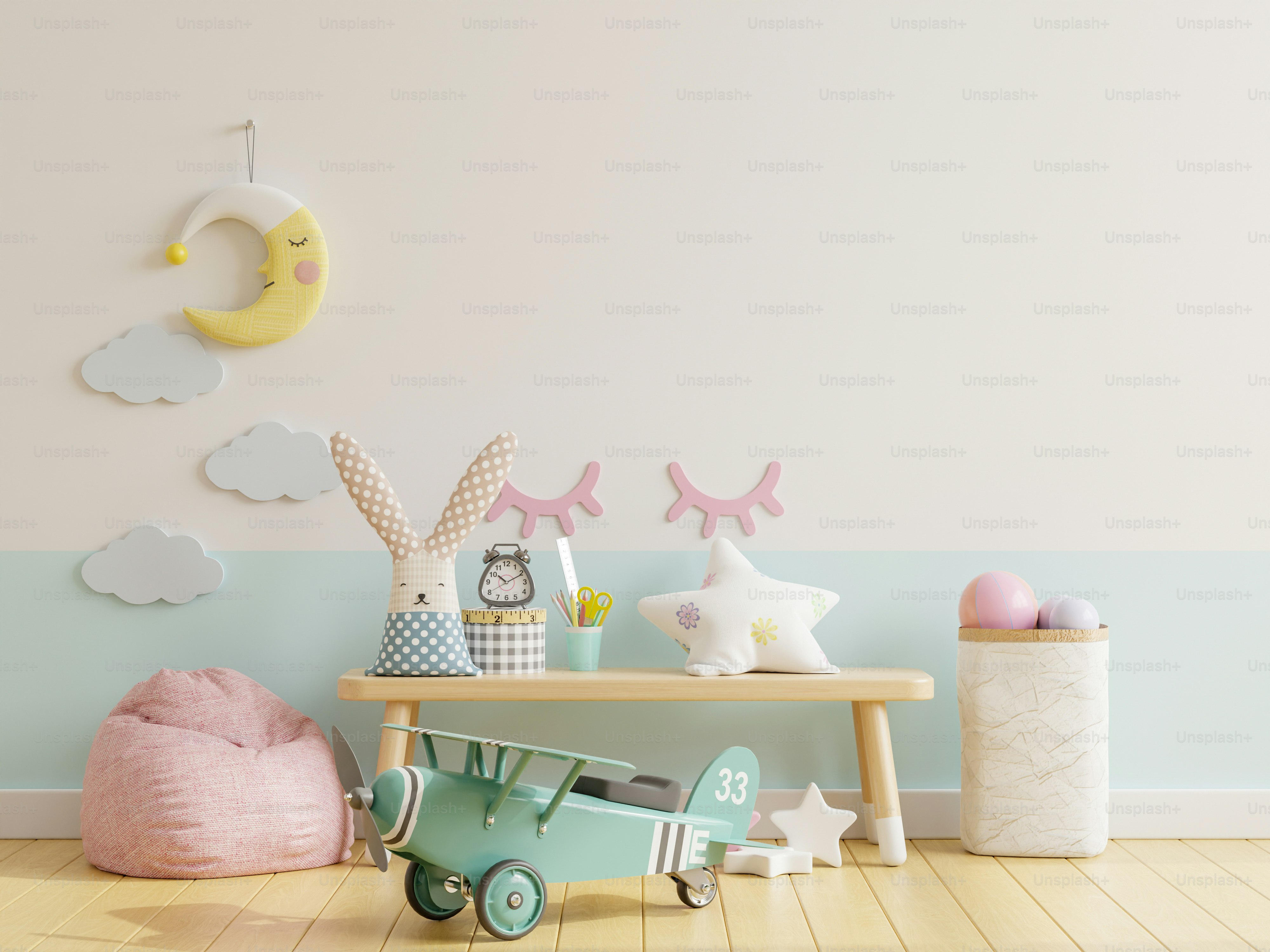 Maquette de mur dans la chambre des enfants en fond mural blanc, bleu.3d rendu