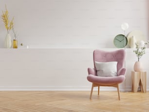 Interior minimalista moderno com uma poltrona no fundo branco vazio da parede, renderização 3D