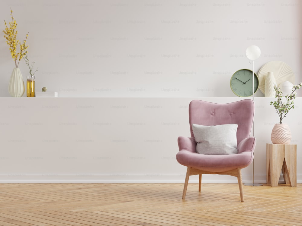 Interior minimalista moderno con un sillón sobre fondo de pared blanco vacío, renderizado 3D