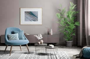 コーヒーテーブルとスタイリッシュな青い肘掛け椅子、モダンな家のデザインを持つリビングルームの内部。壁と大きな植物に額入りのポスター。3Dレンダリング