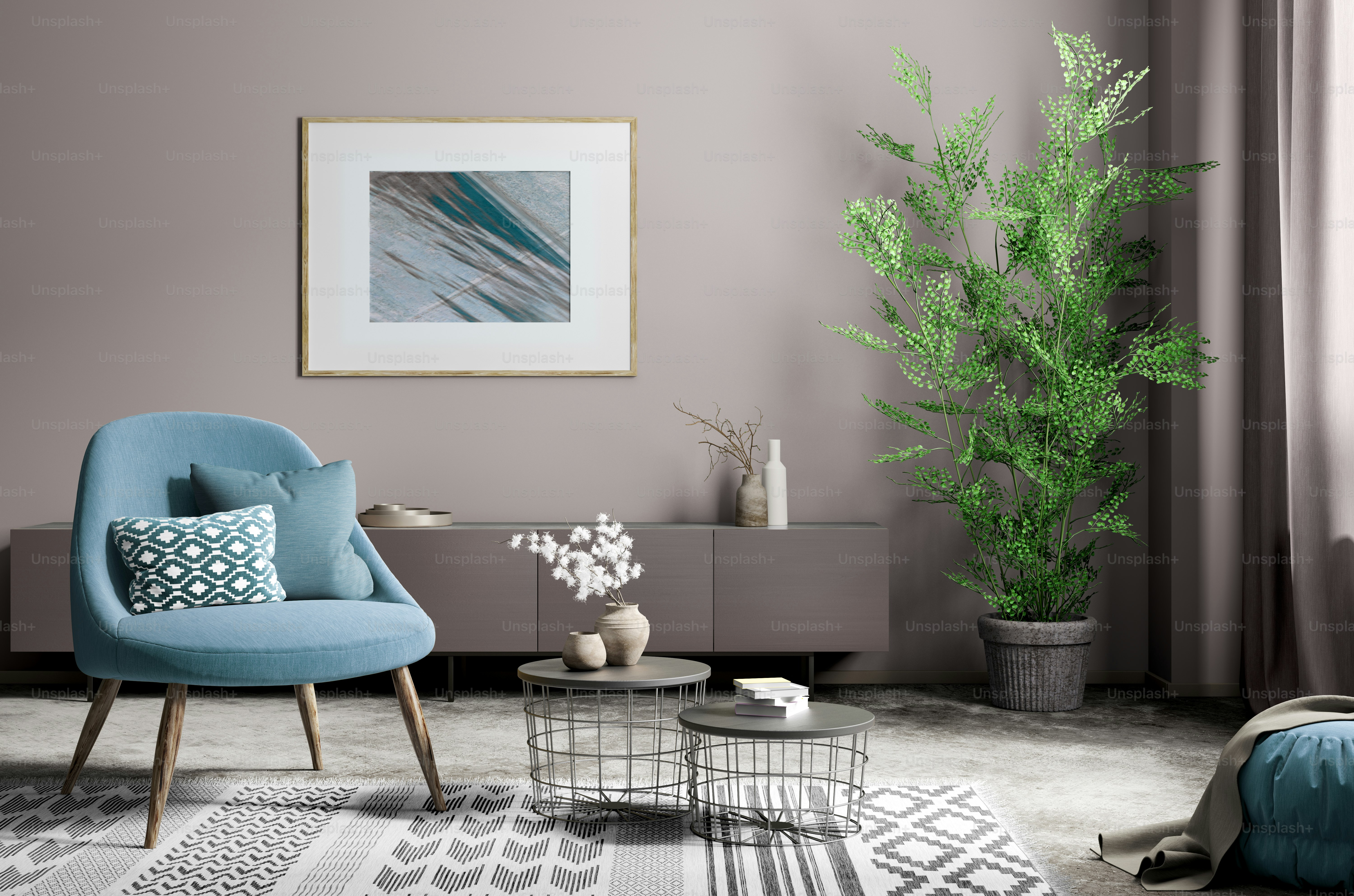 Interior of living room with coffee tables and stylish blue armchair, modern home design. Frame poster on the wall and big plant. 3d rendering