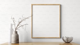 Decoración del salón. Marco de póster de maqueta de madera en una pared blanca sobre el estante. Decoración del hogar con jarrones. Fondo interior Renderizado 3D