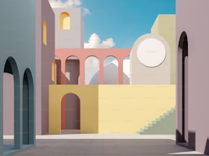 Minimale Pastellfarbe Gebäude außen mit blauem Himmelshintergrund 3D-Render-Illustration