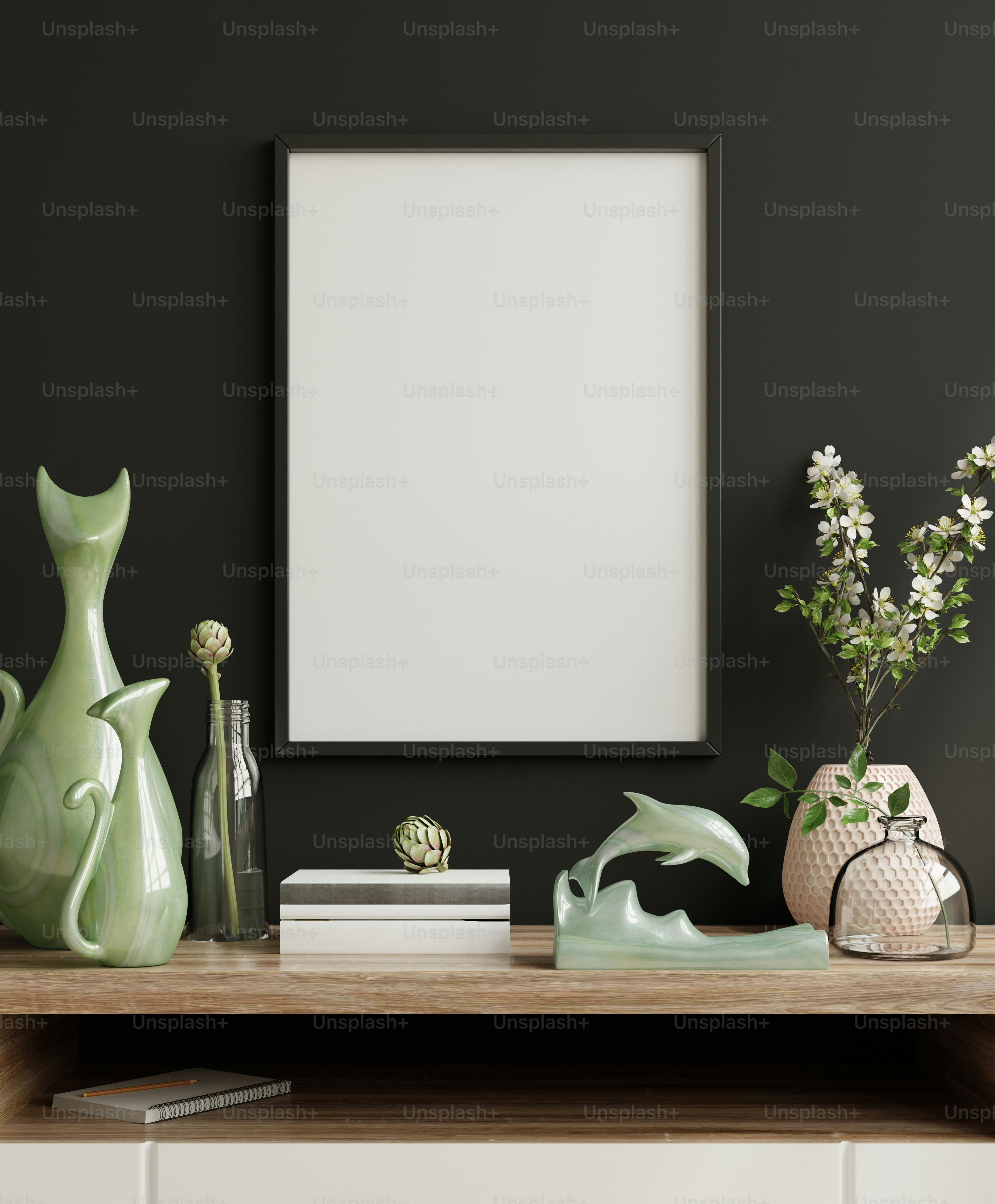 Mockup frame on cabinet in living room interior on empty dark wall background,3D rendering