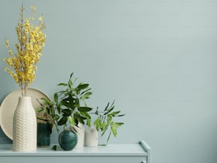 녹색 식물, 하늘색 벽 및 선반.3D 렌더링이 있는 내부 벽 모형