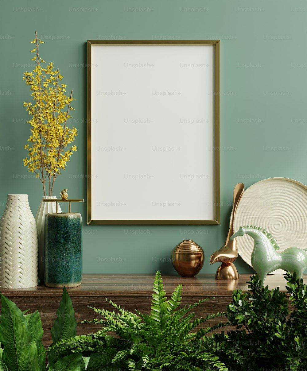 Mockup photo frame on the green shelf with beautiful plants,3d rendering