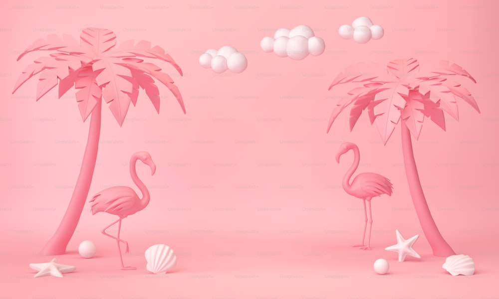 ピンクの熱帯の背景に手のひら、フラミンゴ、貝殻。夏休みのコンセプト。3Dレンダリング