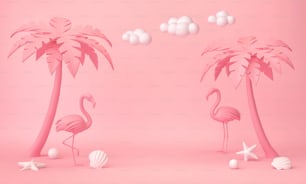 Pink tropical background with palms, flamingo and seashells. Summer vacation concept. 3D rendering