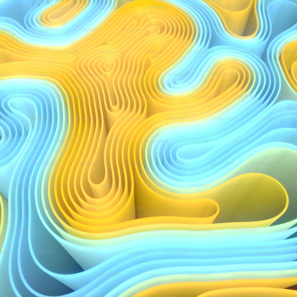 Laberinto abstracto amarillo y azul. Ilustración digital moderna y colorida en 3D. Color degradado. Diseño de cubierta líquida