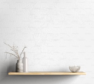White stucco wall with wooden shelf and decorative vases with branch. Interior background design of living room. Wall decor with copy space. Modern home decoration. Background template. 3d rendering