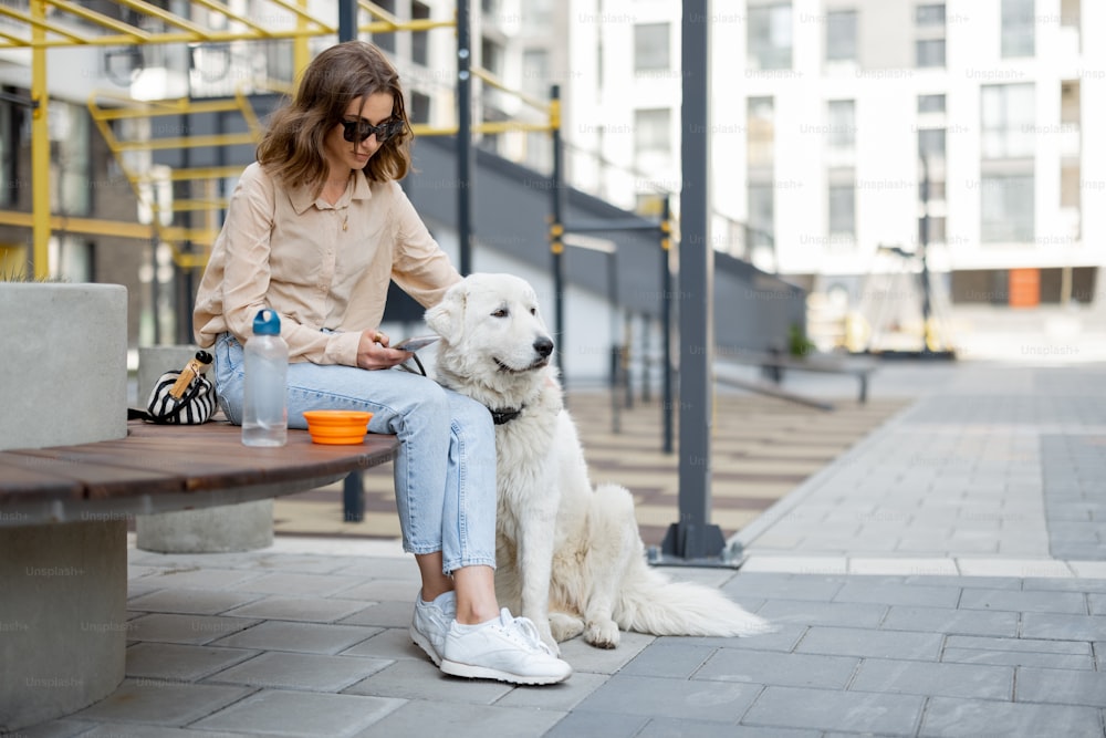 Cheerful woman sitting on bench with big white dog in the courtyard of the residence while using phone. Animal lover, pet friendly owner.