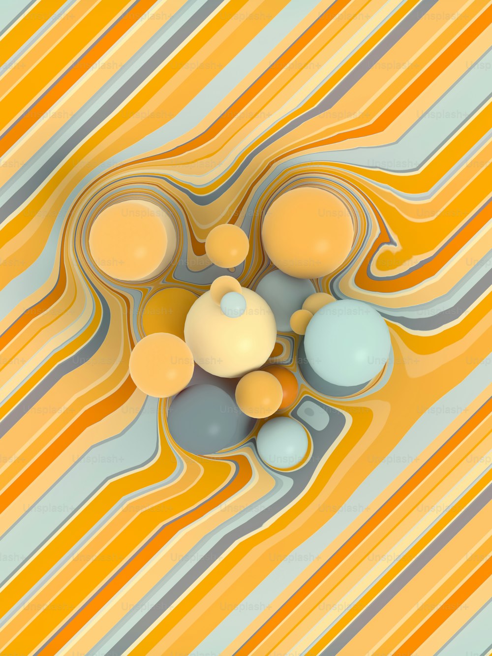 Grupo de bolas de colores patrón sobre fondo de rayas claras. Fondo geométrico abstracto multicolor. Ilustración digital de renderizado 3D
