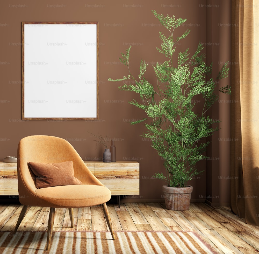 Interior of living room with orange armchair and mock up  poster, modern home design. 3d rendering