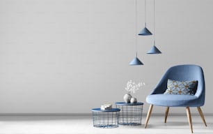Interior de salón con mesas de centro, lámparas y sillón azul sobre pared gris. Diseño del hogar. Renderizado 3D