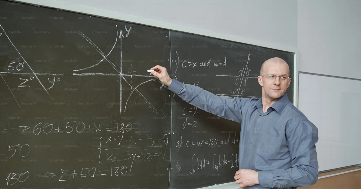 Confident mature professor standing in front of blackboard in lecture ...