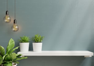 Maqueta de pared interior con planta verde, pared azul claro y estante.3D renderizado