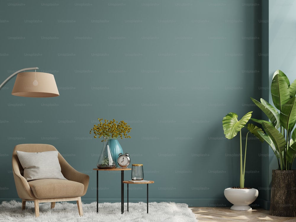 The interior has an armchair on empty dark green wall background,3D rendering