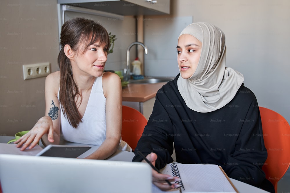 Porträtansicht der freundschaftlichen Diskussion zwischen zwei jungen Frauen unterschiedlicher Nationalität während des Studiums zu Hause am Laptop. Stockfotografie