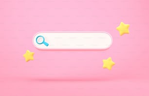 Barra de búsqueda en blanco y marcadores de estrellas sobre fondo rosa. Renderizado 3D