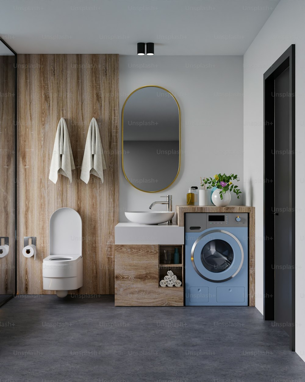 Design degli interni del bagno moderno sulla parete di colore scuro, rendering 3d
