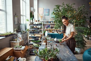 Smiling female florist with a young echeveria subrigida plant in her hands standing at the table