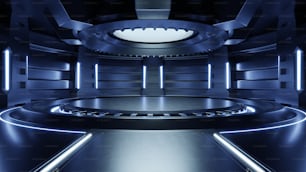 Leerer hellblauer Studioraum futuristischer Sci-Fi-großer Flurraum mit Lichtern blau, zukünftiger Hintergrund für Design, 3D-Rendering