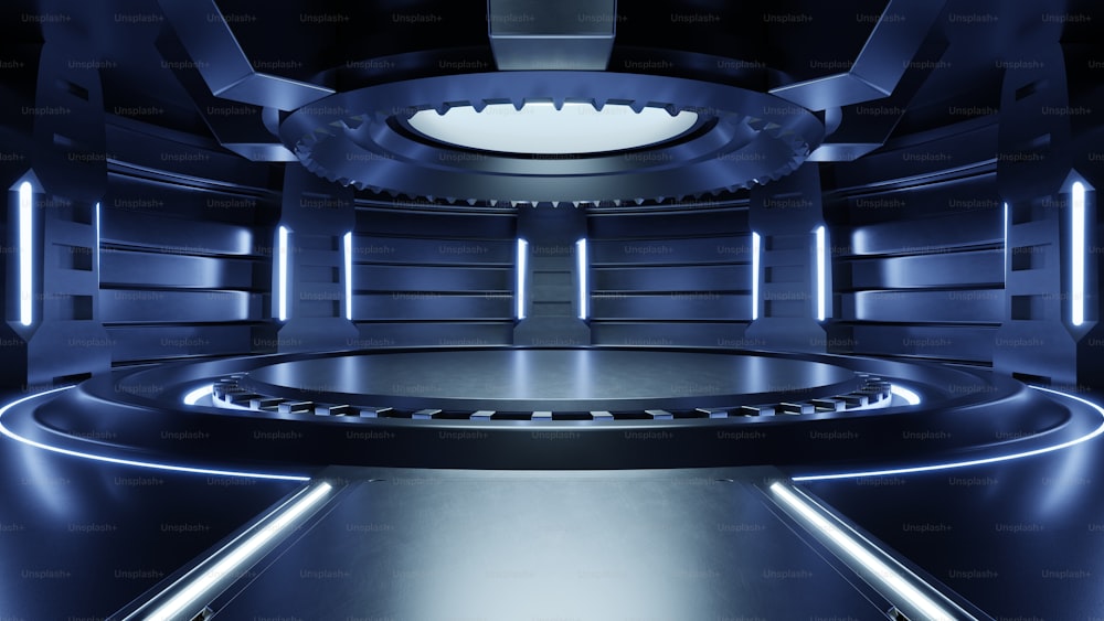 Leerer hellblauer Studioraum futuristischer Sci-Fi-großer Flurraum mit Lichtern blau, zukünftiger Hintergrund für Design, 3D-Rendering