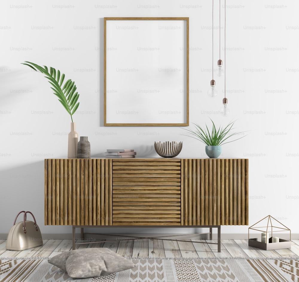 Interior escandinavo moderno de sala de estar con vestidor de madera sobre pared blanca con póster de maqueta, diseño de decoración del hogar renderizado 3D