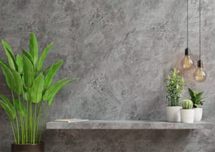 Interior wall mockup with green plant,Cement wall and shelf.3D rendering