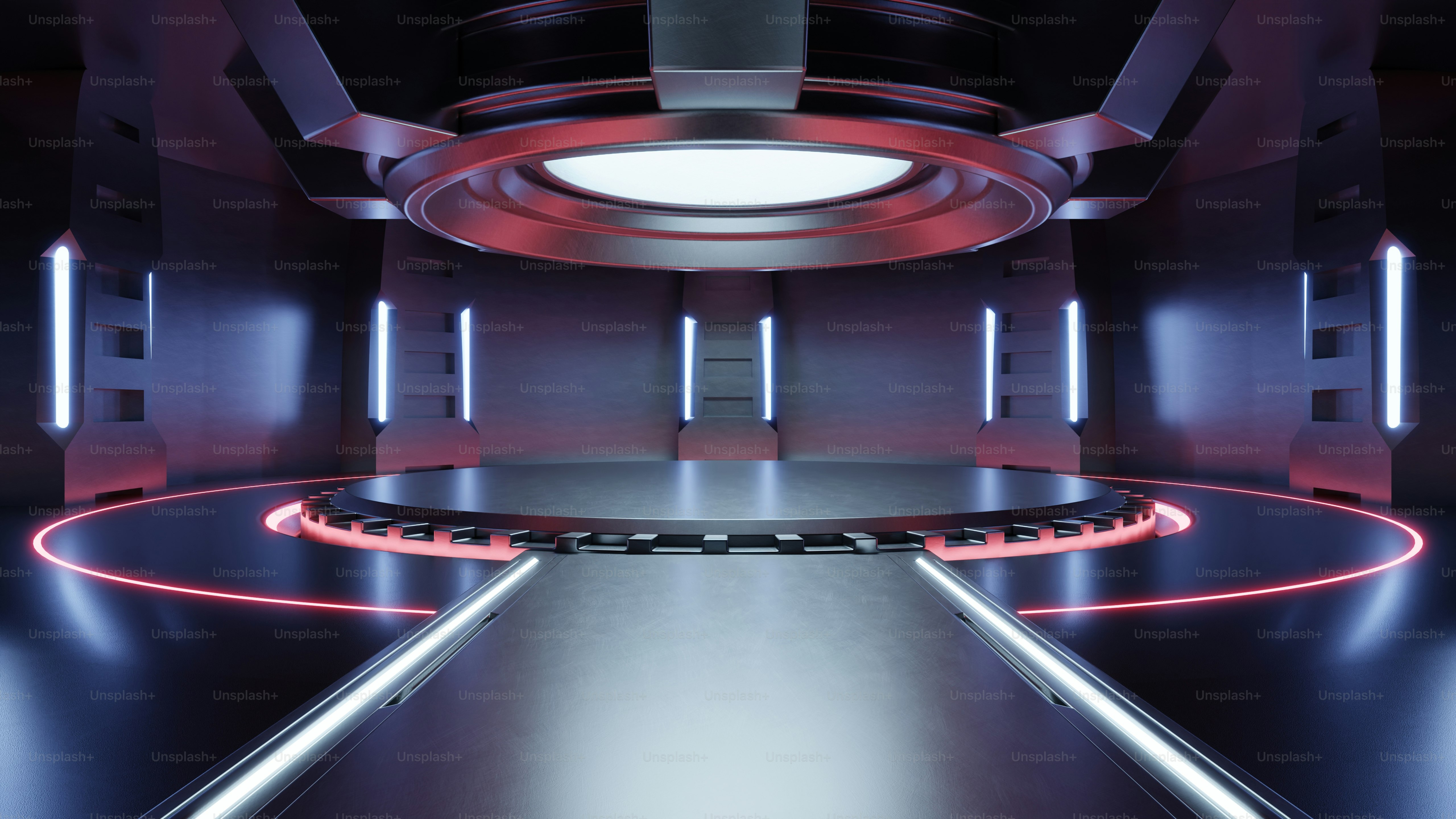 Empty light red studio room futuristic Sci Fi big hall room with lights red, Future background for design,3d rendering