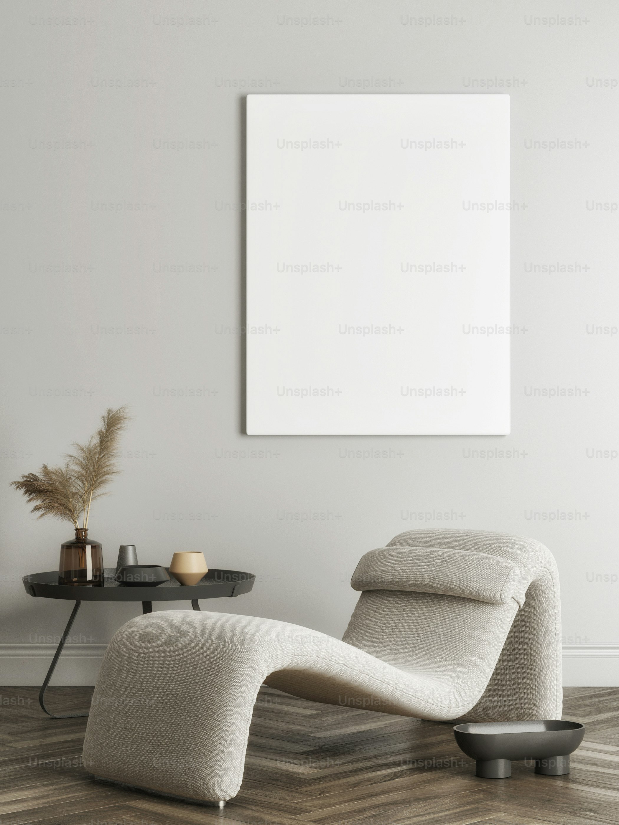 Poster vuoto nel soggiorno con mobili confortevoli e decorazioni per la casa, rendering 3d, illustrazione 3d.