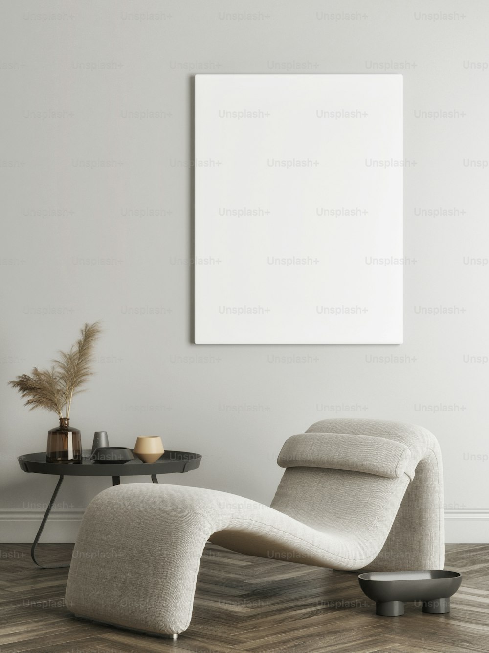 Leeres Poster im Wohnzimmer mit bequemen Möbeln und Wohndekoration, 3D-Rendering, 3D-Illustration.