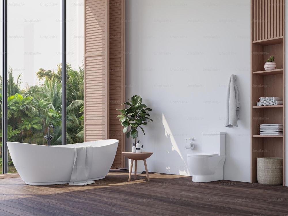 Salle de bain contemporaine moderne avec vue sur le jardin de style tropical 3D rendu, Il y a du parquet et un mur blanc, les chambres ont de grandes fenêtres, donnent sur la vue sur la nature.