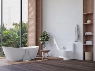 Modernes, modernes Badezimmer mit 3D-Rendering mit Blick auf den tropischen Garten, es gibt Holzboden und weiße Wand, die Zimmer verfügen über große Fenster mit Blick auf die Natur.