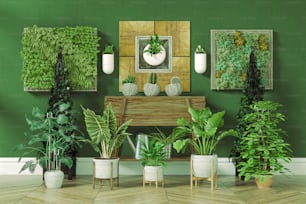 家の植物の装飾と3Dレンダリングインテリア