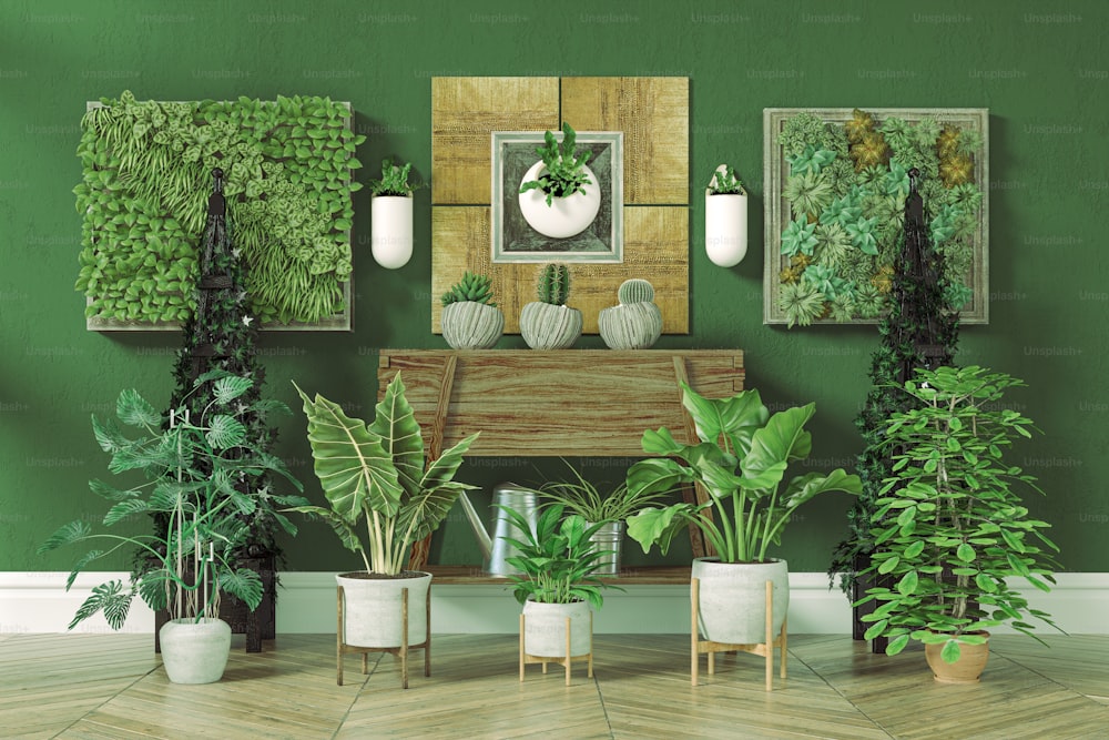3d render interior with home  plants decor