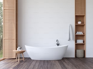 Style minimaliste salle de bain contemporaine 3D rendu, Il y a du plancher en bois et un mur vide blanc, les chambres ont de grandes fenêtres, donnent sur la vue sur la nature.