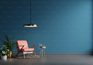Interior wall mockup in blue tones with red leather armchair on dark wall background.3d rendering