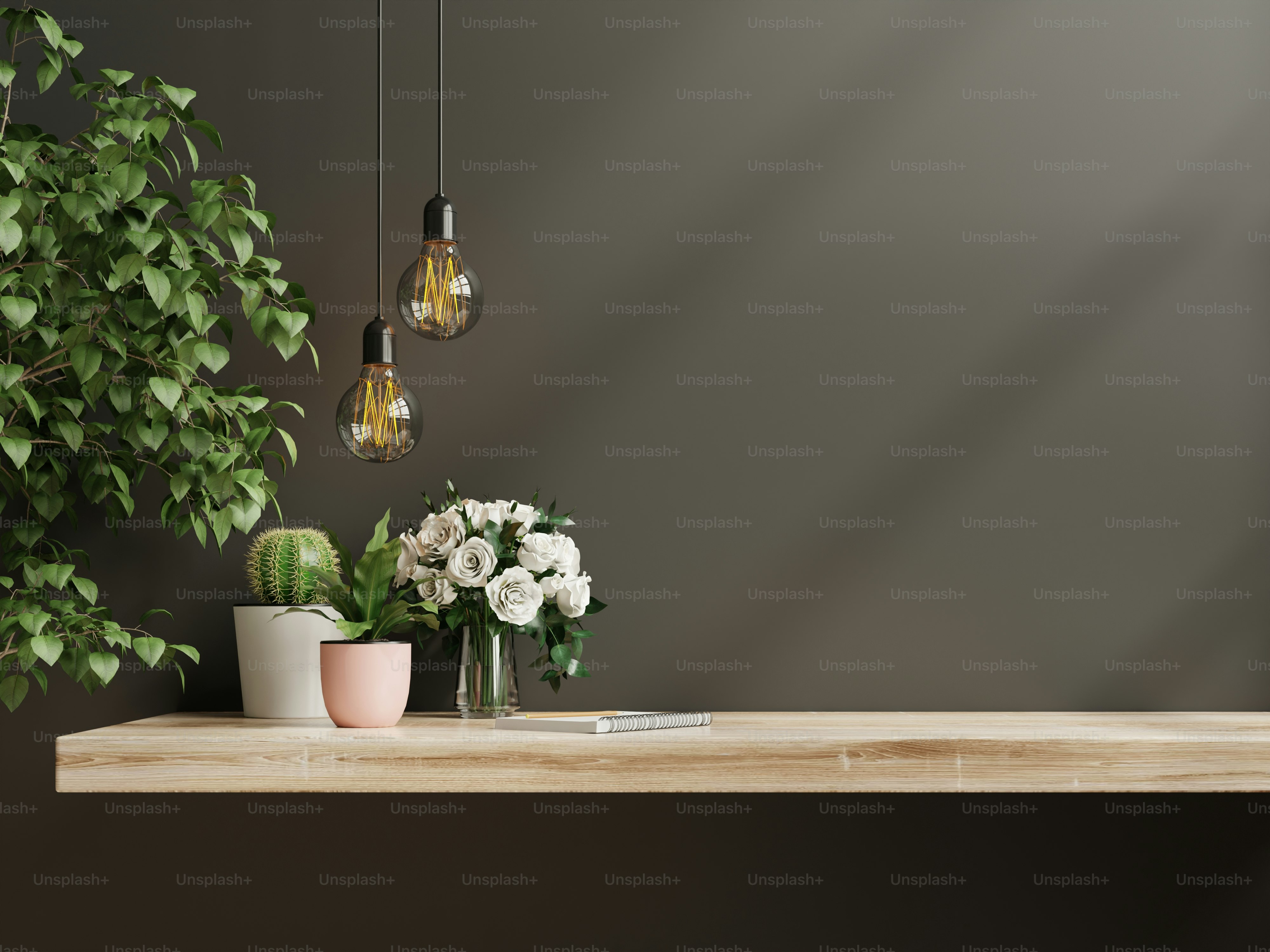 Maqueta de pared interior con planta verde, pared negra y estante.3D renderizado