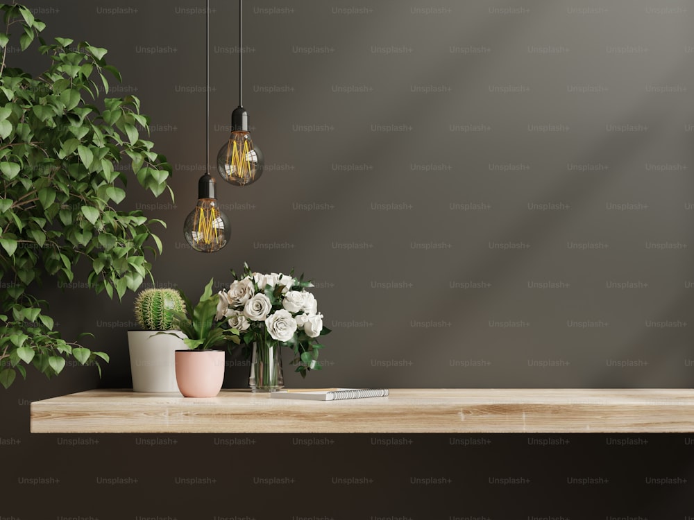 Interior wall mockup with green plant,Black wall and shelf.3D rendering