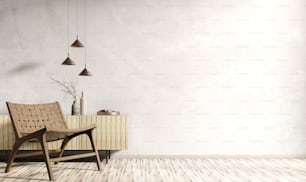Interior moderno da sala de estar com armário de madeira e poltrona, design de casa, parede de estuque com espaço de cópia renderização 3d
