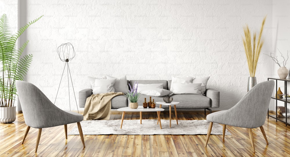Interni moderni dell'appartamento con pareti bianche. Accogliente soggiorno con divano grigio, tavolini e poltrone blu. Design contemporaneo per la casa. Rendering 3D