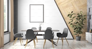Interno della sala da pranzo moderna o soggiorno, casa scandinava con tavolo in legno marrone e sedie nere contro parete bianca con poster rendering 3d