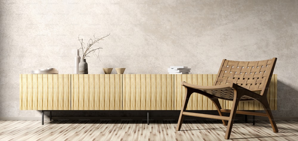 Intérieur moderne du salon avec armoire en bois et fauteuil design de maison 3D rendu